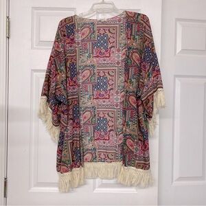Umgee Multicolor Colorful Print Kimono Fringe Trim Sz M/L